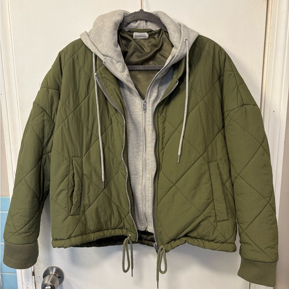 Olive Green Quilted Jacket with Gray Hoodie